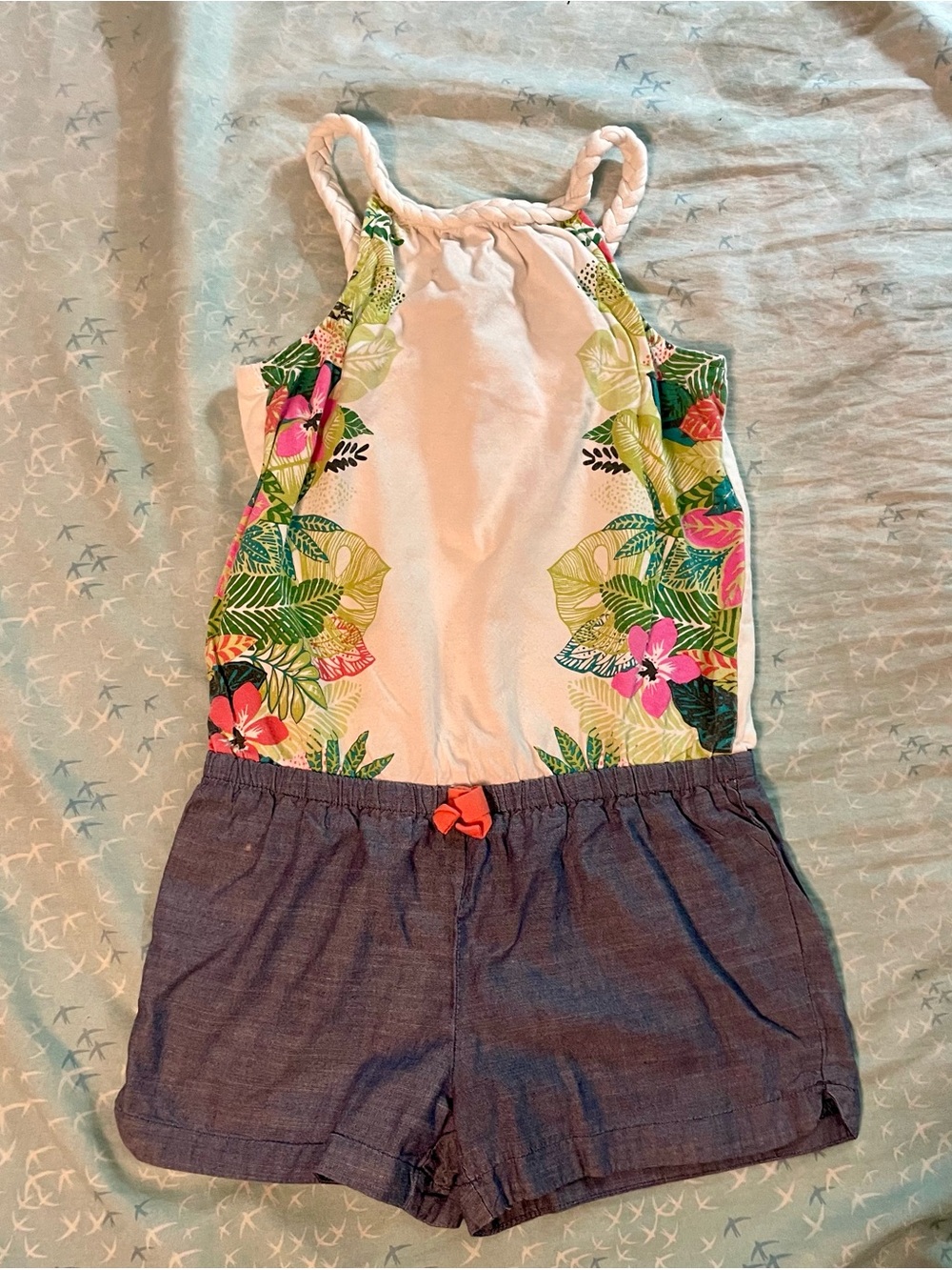 Cherokee White Tropical Print Romper with Blue Chambray Shorts